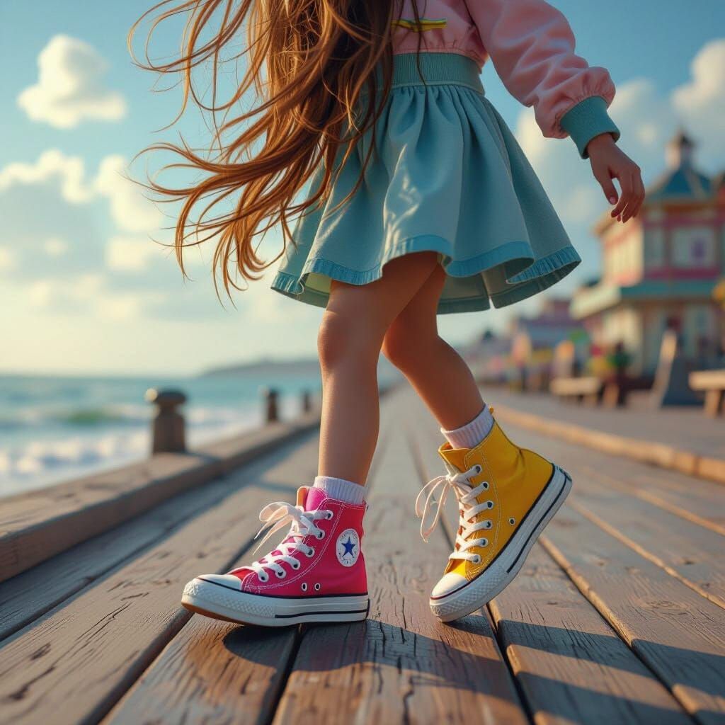 Girl Walks Boardwalk in Oversized Converse