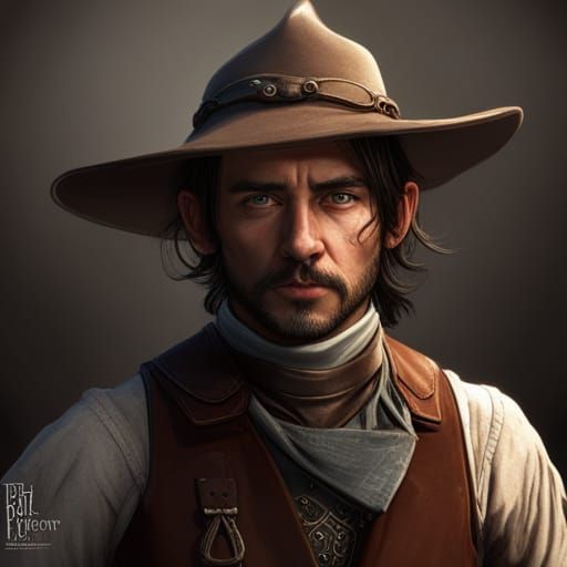 portrait of a young hobbit cowboy with mutton-chop sideburns and black ...