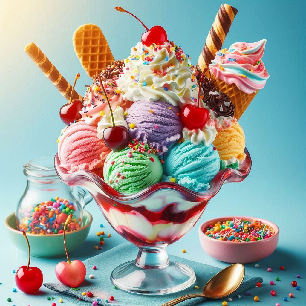 A colorful and vibrant ice cream sundae.
