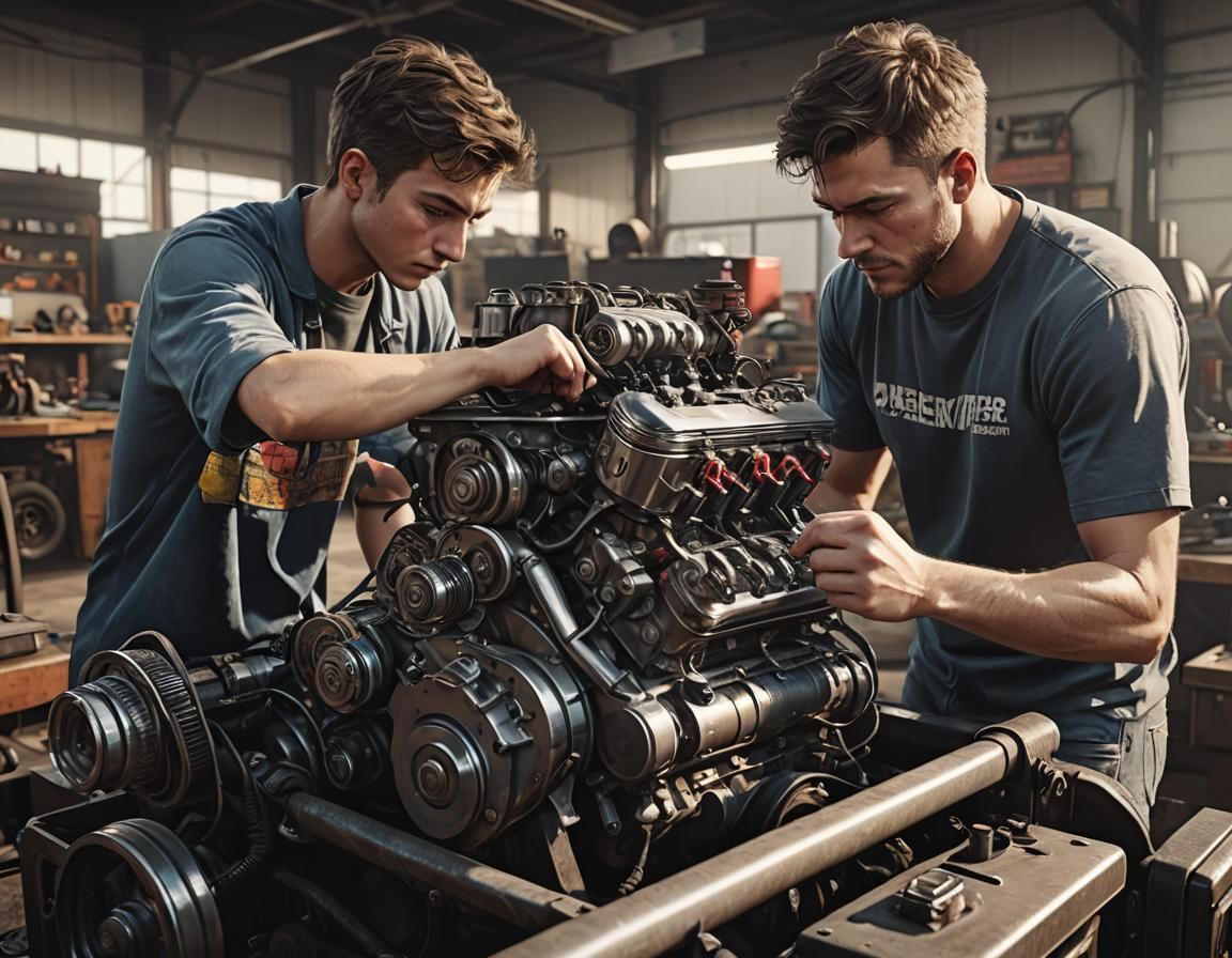 a father and his teenage son working together on the car eng...