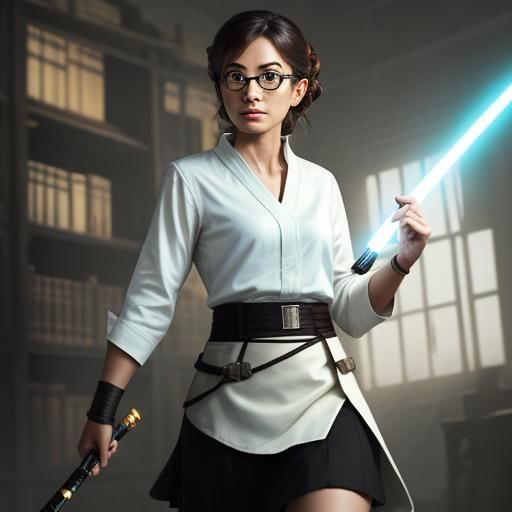 female jedi librarian wielding a light and wearing a white blouse and a ...