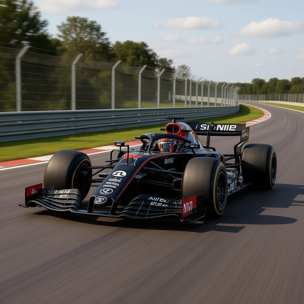 Hyperrealistic. A sleek Formula 1 car, impossibly detailed, driving through a crumbling ancient stone wall that is slowly dissolving into du...