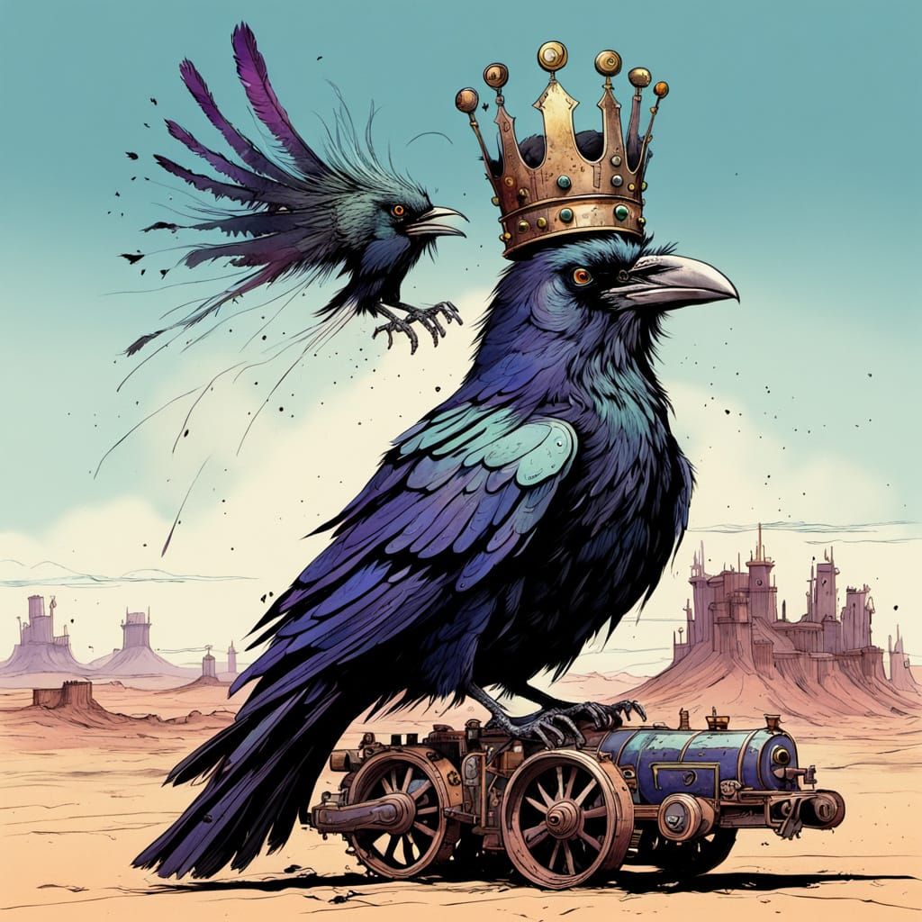 Surreal Steampunk Raven Rides Cracked Pastel Desert Railway