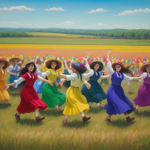 Energetic Dancers in Sunlit Field: Oil Painting
