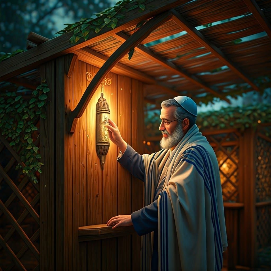 Jewish Man Affixing Mezuzah to Sukkah: 3D Rendered Concept A...