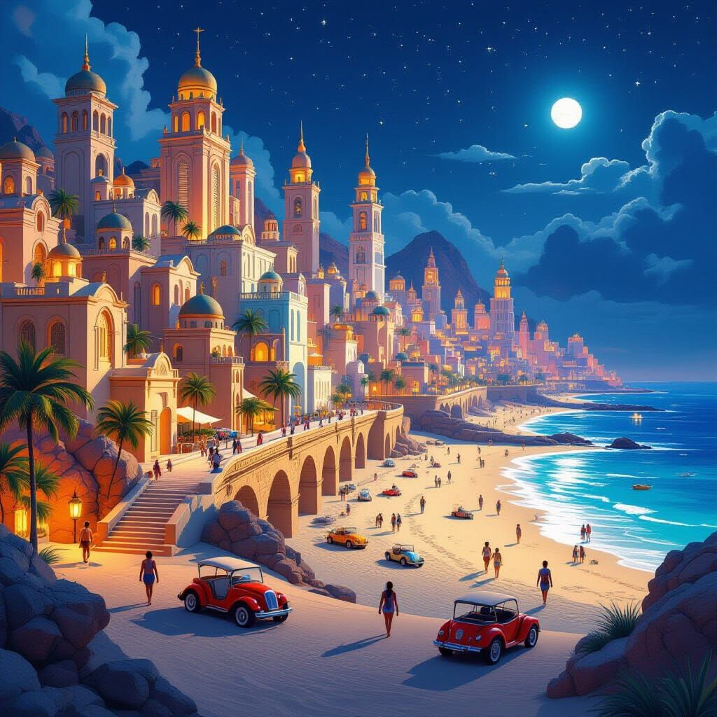 night-time Along side a tranquil beach stands A bustling modern city constructed completely out of sand ...  by @Gee