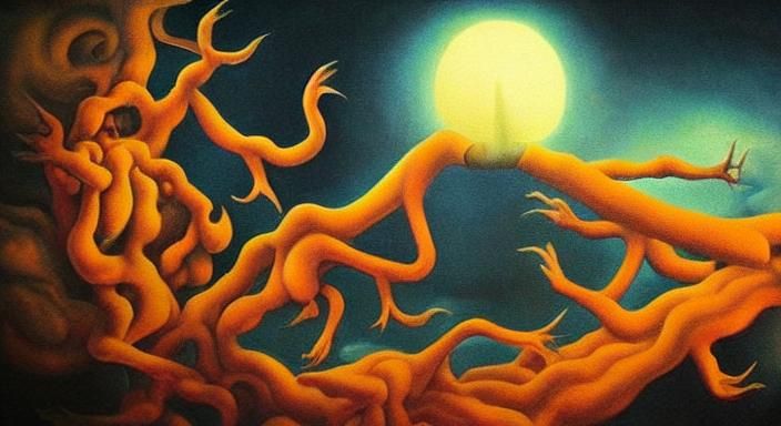 Surreal Descent: A Hellish Staircase in Dreamlike Art