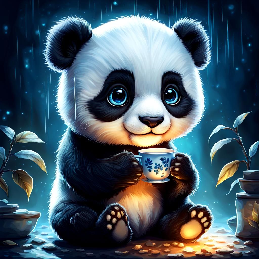 Adorable Baby Panda with Tea Cup in Digital Art