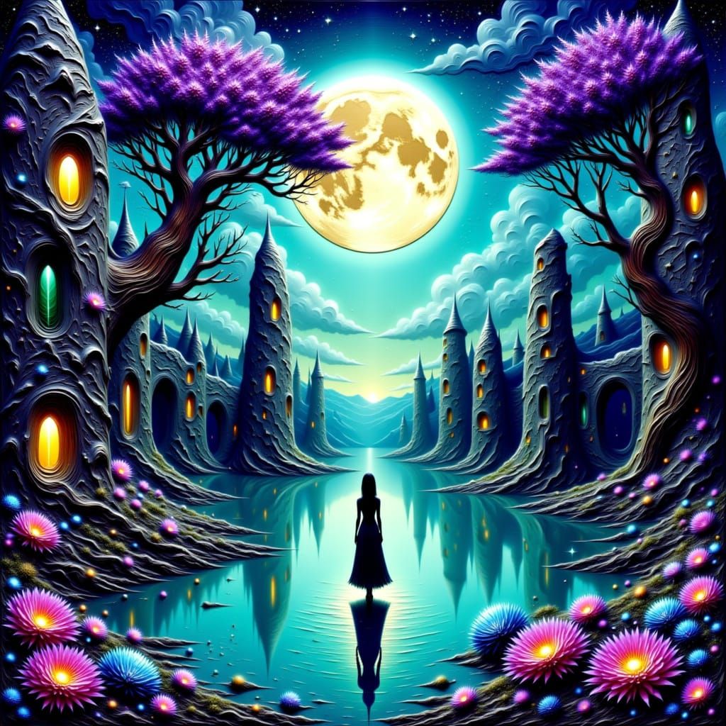 <lora:Textureself:1.0>
Textureself.
twistile zentangle landscape reflected in an impossible lake, castle ruins with glowing teal windows, vi...