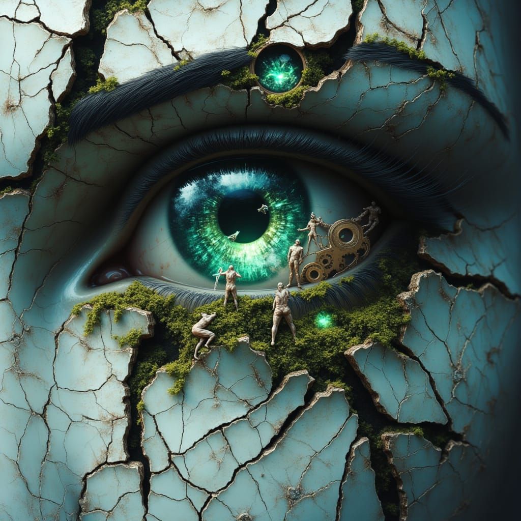 <lora:Fractured Gaze:1.0> A close-up portrait of an hollow gaze, the cracked marble is made out of fragmented dreams with elements of organ...