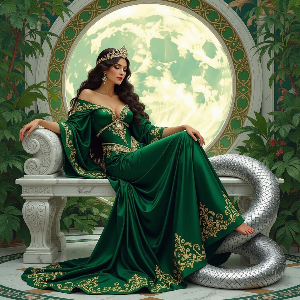 Emerald Queen with Silver Serpent in Art Nouveau Style