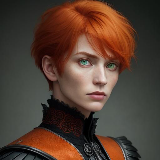 female nephilim. orange hair and victorian haircut. green ey...