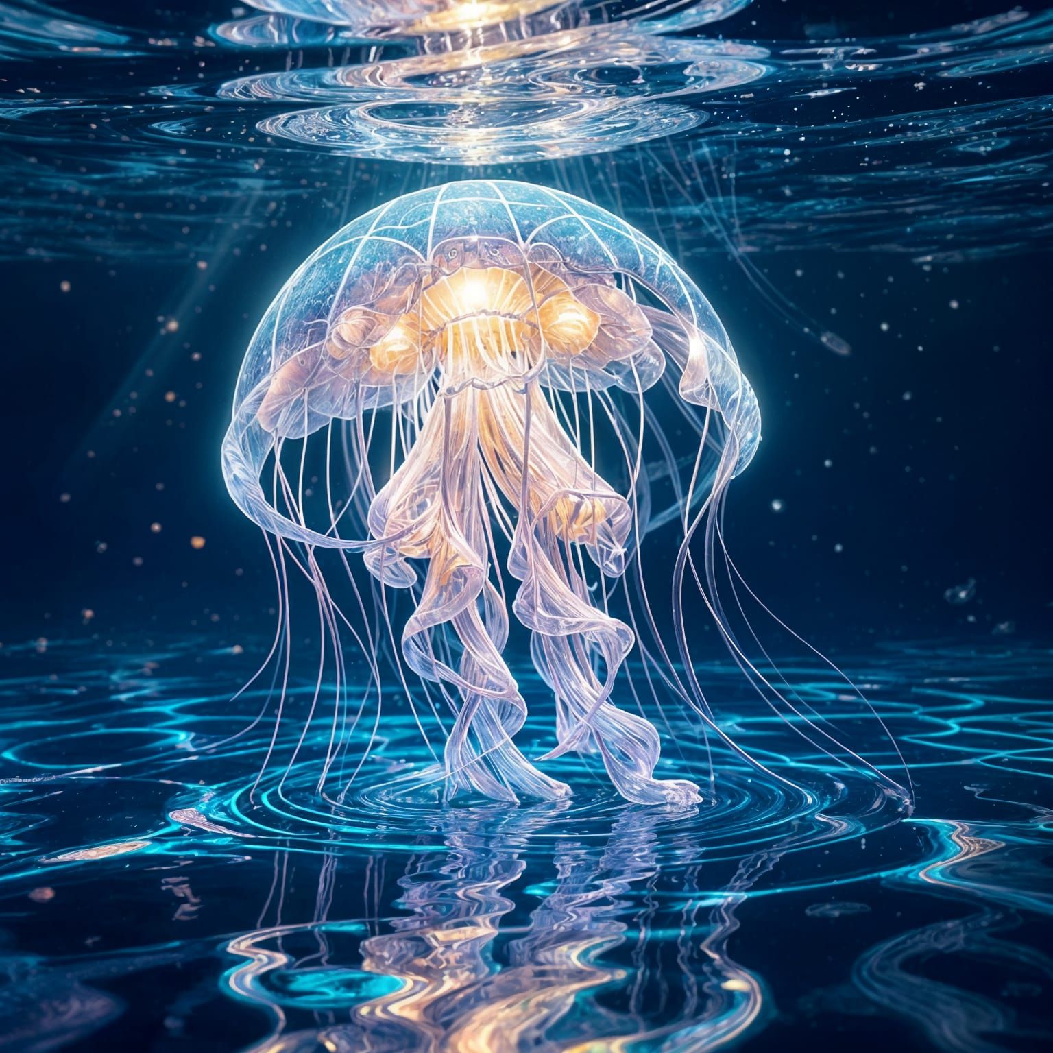 Kaleidoscope art. A bioluminescent jellyfish floats through a mirrored sea, its tentacles creating symmetrical patterns. The water reflects ...