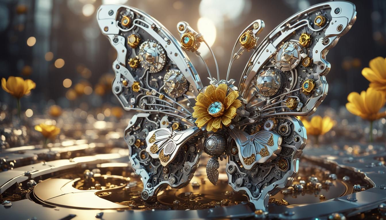 silver butterfly on a gold flower incrusted with jewels   by @Chippa