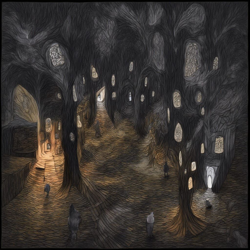 <lora:denizpeky:1.0> art of avangard  of layers of parallel lives by denizpekk, cute noir figures