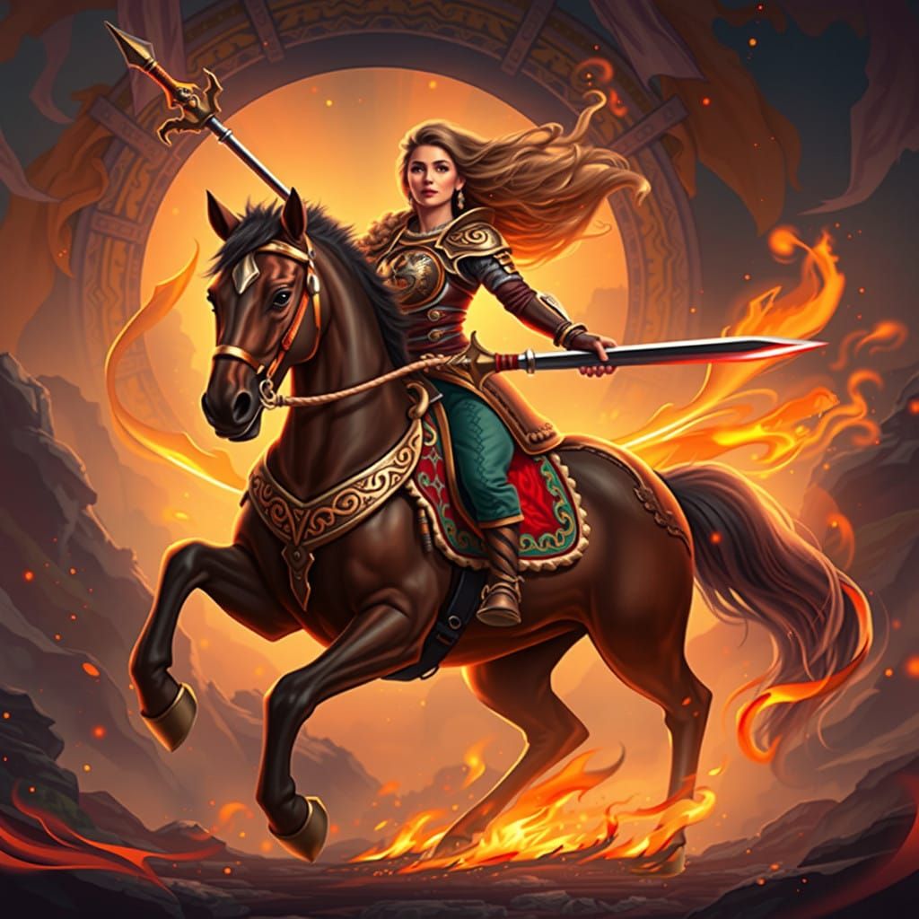 Ethereal Warrior Rides Fiery Steed into Heavenly Sunshine