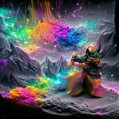 Space God exploring colored powders