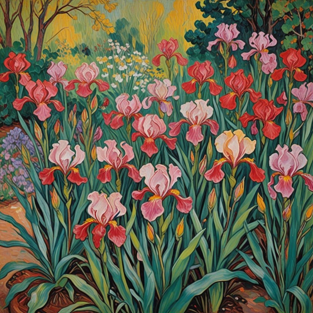 Ruby iris flowers, summer garden 2