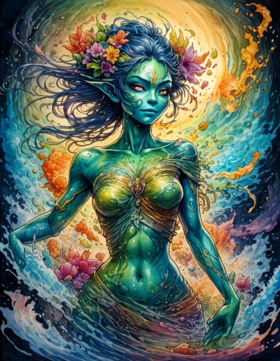 <lora:GoblinFantasy V1:1.0> artwork for t shirt graphic of a beautiful female goblin goddess made of colors, liquid flowers, thin and very f...