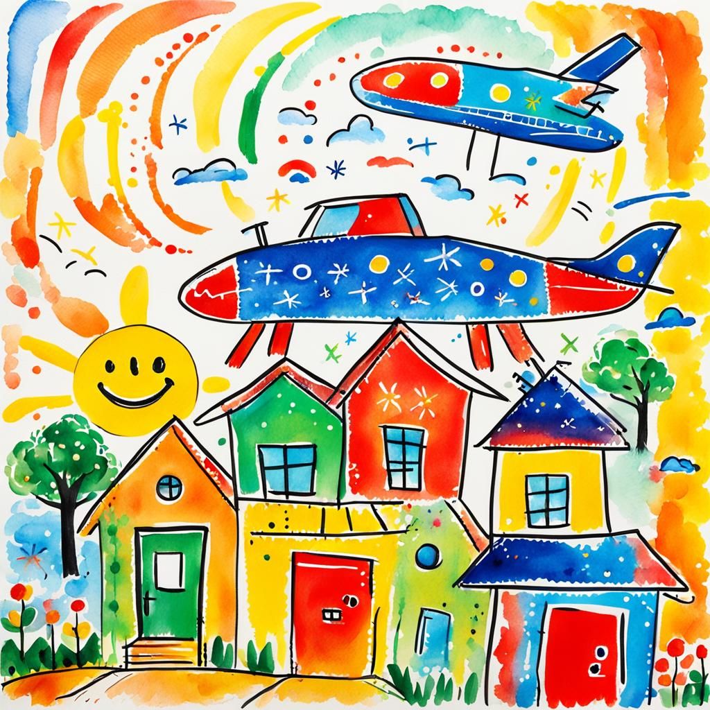crude poorly-drawn child's simple drawing of a plane flying ...