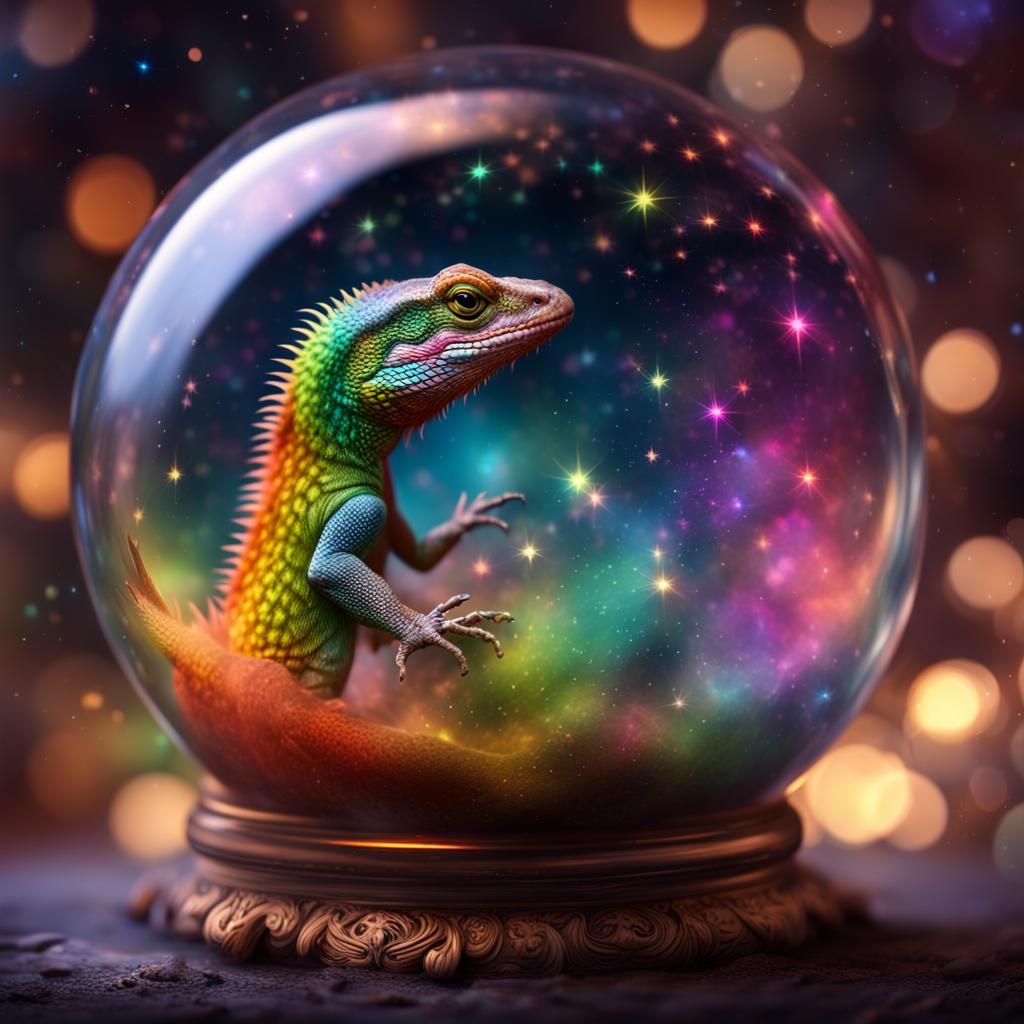 Mystical lizard in a glass ball filled with rainbow stars