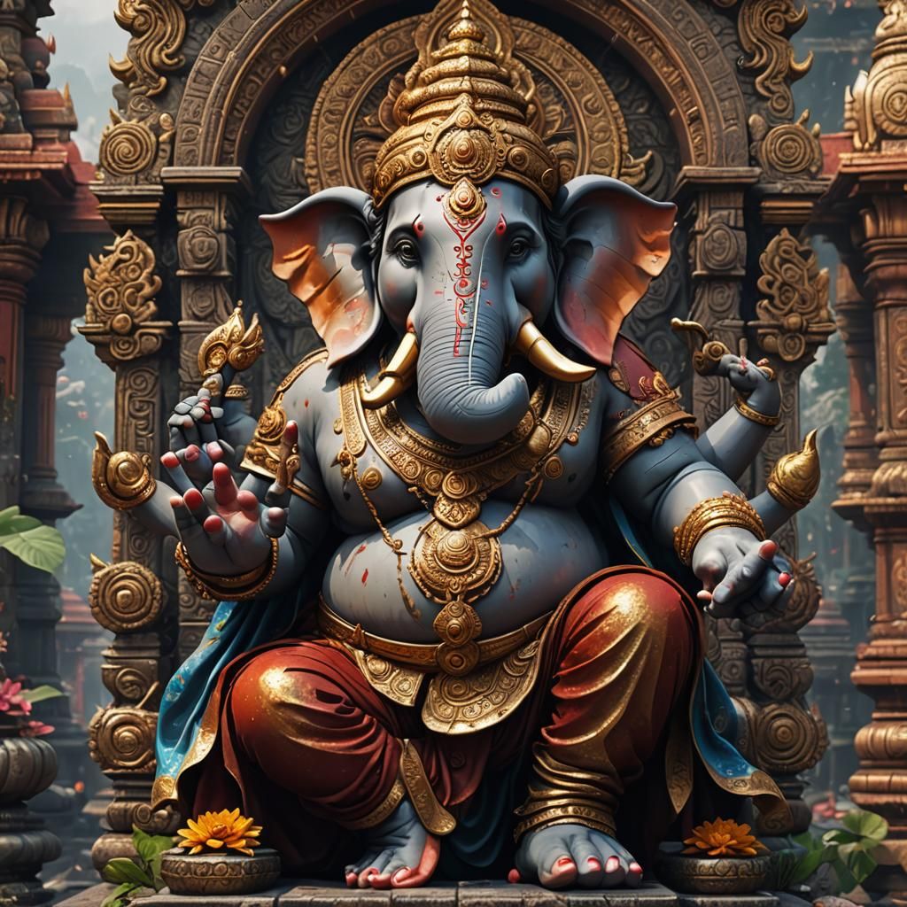 8k lord Ganesha bulk body standing majestic focused close up...
