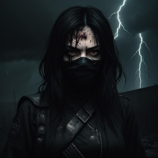 A female with long, messy black hair. Wide, haunted eyes. We...