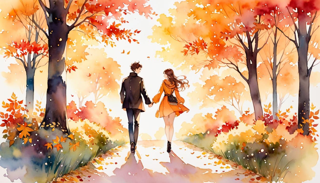 whimsical young man walks playfully hand in hand with a cute whimsical young woman, shades of splendor ...  by @Niels Carlsen