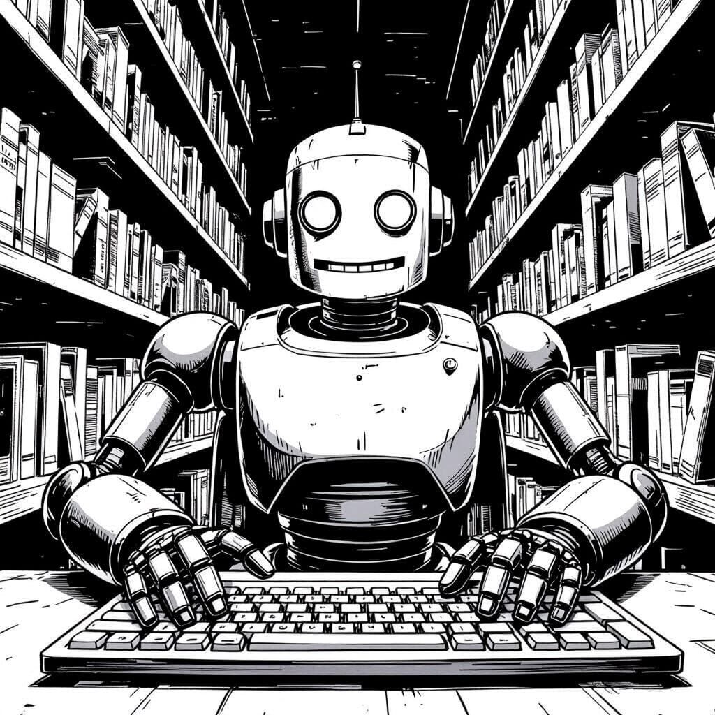 "Una ilustración monocromática de un robot de estilo retro, reminiscencia de diseños de los años 50-60, sentado frente a un teclado de compu...
