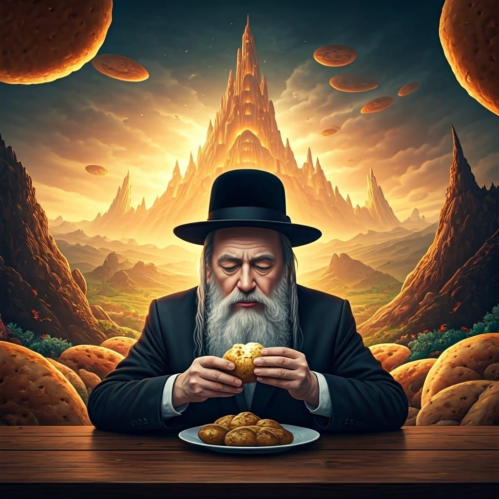 Traditional Haredi Man Savoring Baked Potato in Vibrant Drea...