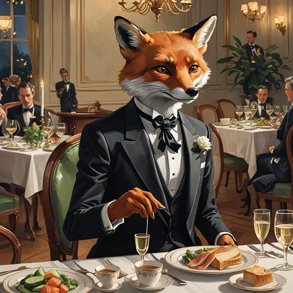 An anthropomorphic fox wearing a tuxedo at a dinner party.An...