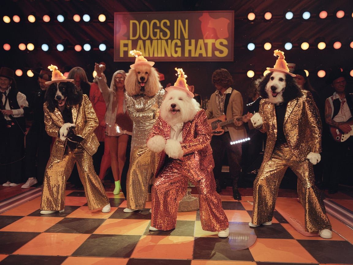 Get your groove on—when Dogs in Flaming Hats hit the dance floor, even the hottest party pales in comparison!

1970's top of the pops disco...