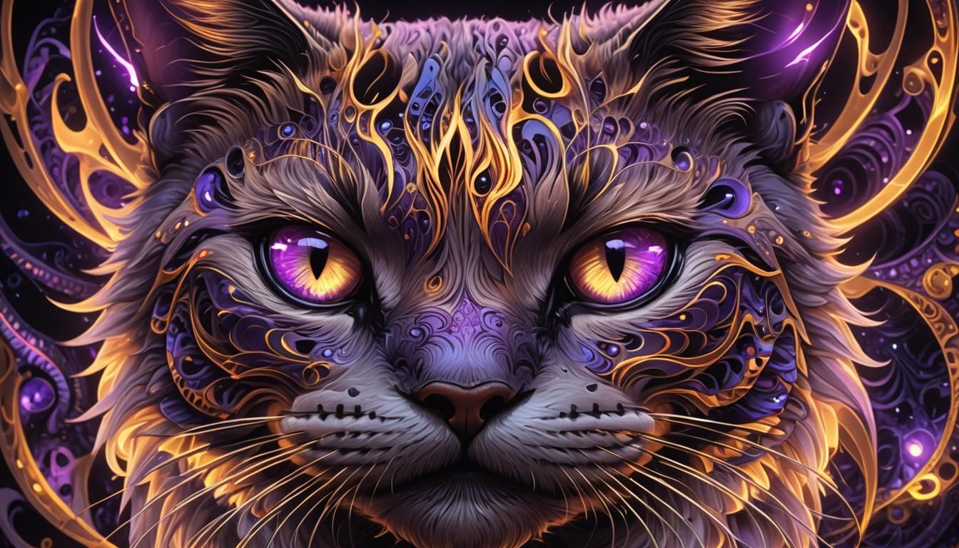 fire eyes cat. purple neon  aura. sweet