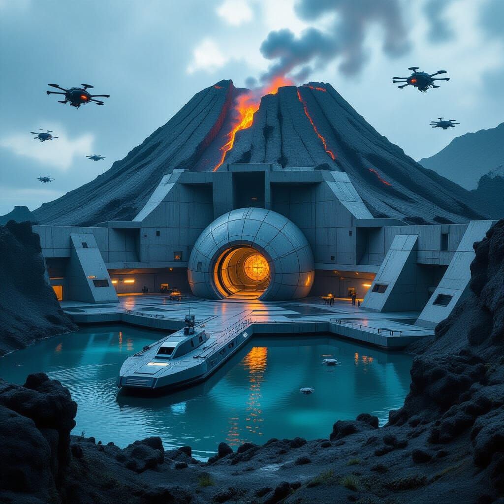 Dr. Nefarious's hideout is an imposing, Brutalist concrete structure built into an extinct volcano on ...  by @nyxora