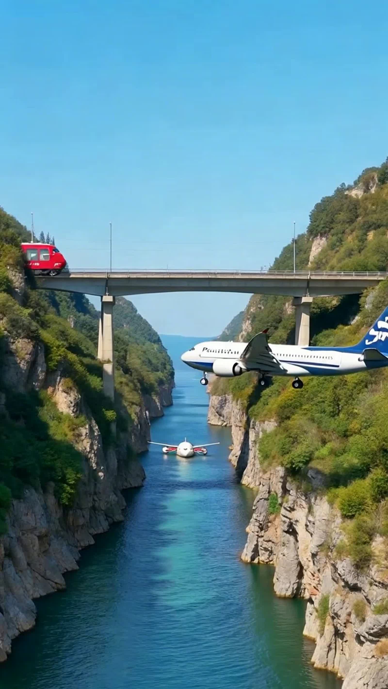The plane is passing under the train bridge.