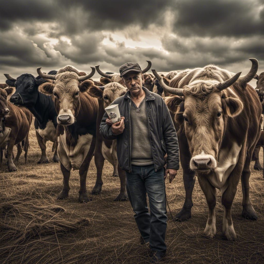 A MAN MIDDLE OF TWO COWS