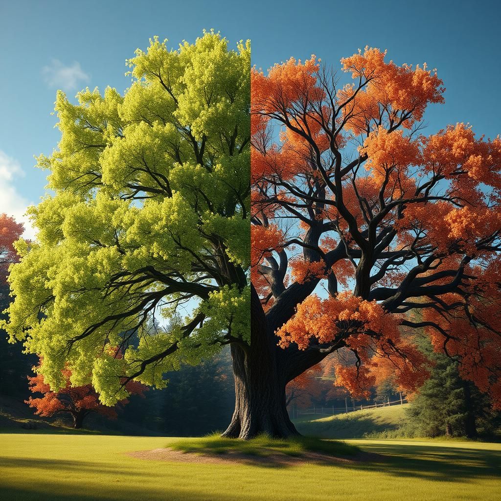 Whimsical picture of a green tree in summer versus a brun tree in autumn  by @Eclectic shambles