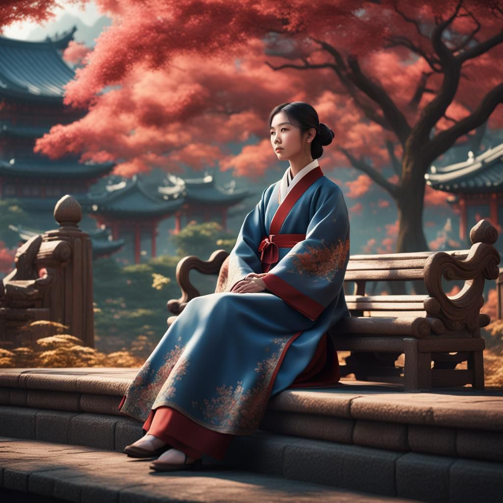 a Korean woman sitting in beautiful park