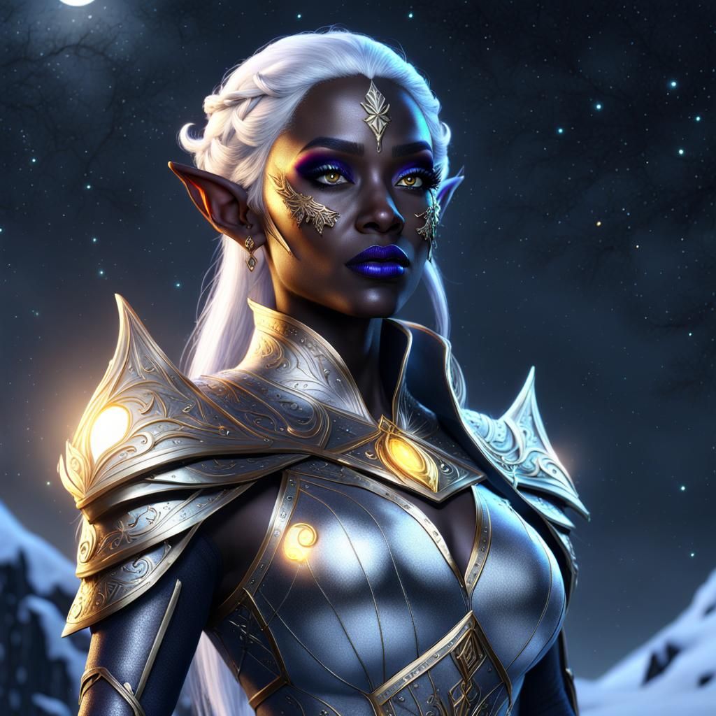 detailed Drow elf with beautiful bright iridescent glowing silver hair ...