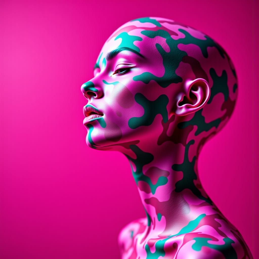 A human form with ambiguous features, blending seamlessly into a pink camouflage background, as if merging with the surroundings. Bodypaint ...