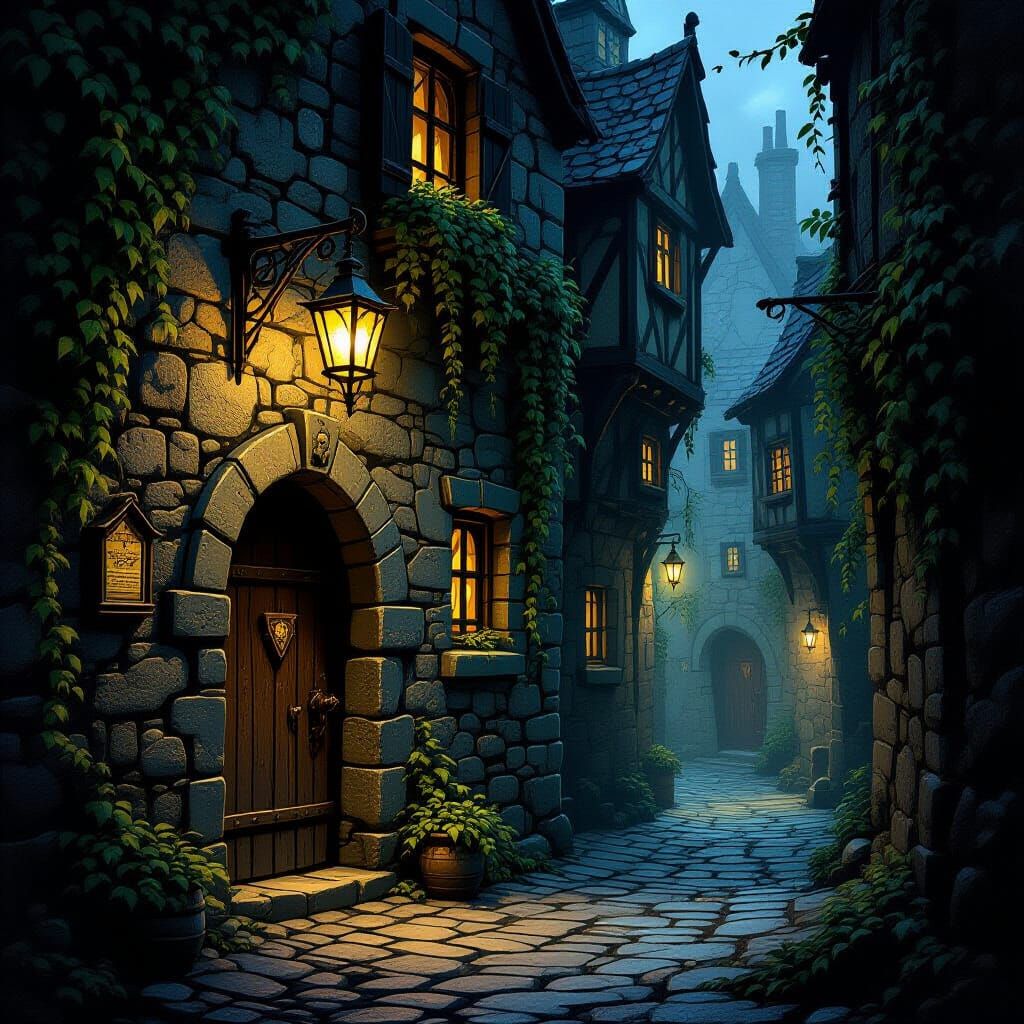 A hidden tavern, tucked away in a shadowy, narrow alleyway, its entrance marked by a single, sputtering ...  by @Bee_creative