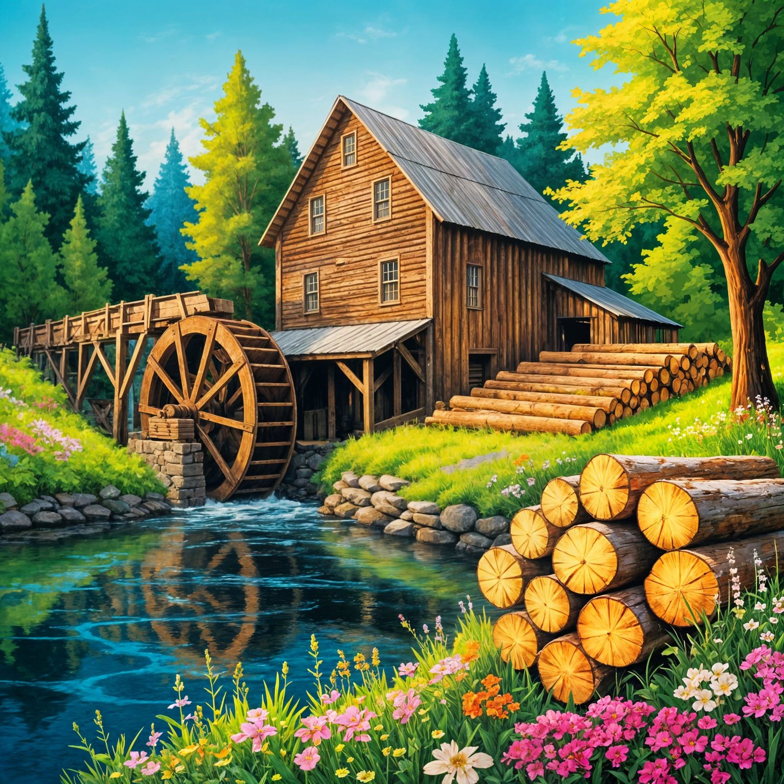 old lumbermill by a river with a water wheel spinning in the river for power, flowers blooming along ...  by @Ed Evans