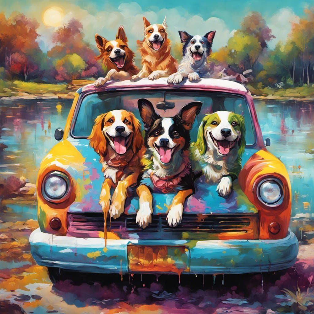 hippie dogs laughing and playing by a lake