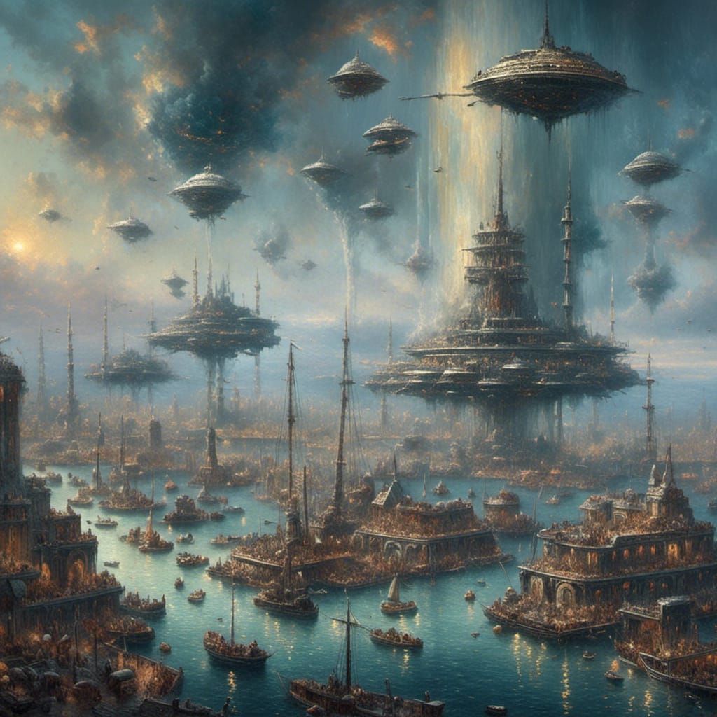 Busy orbital space port, oil painting, Thomas Kinkade <lora:Romantic Oil Paint:1.0> 