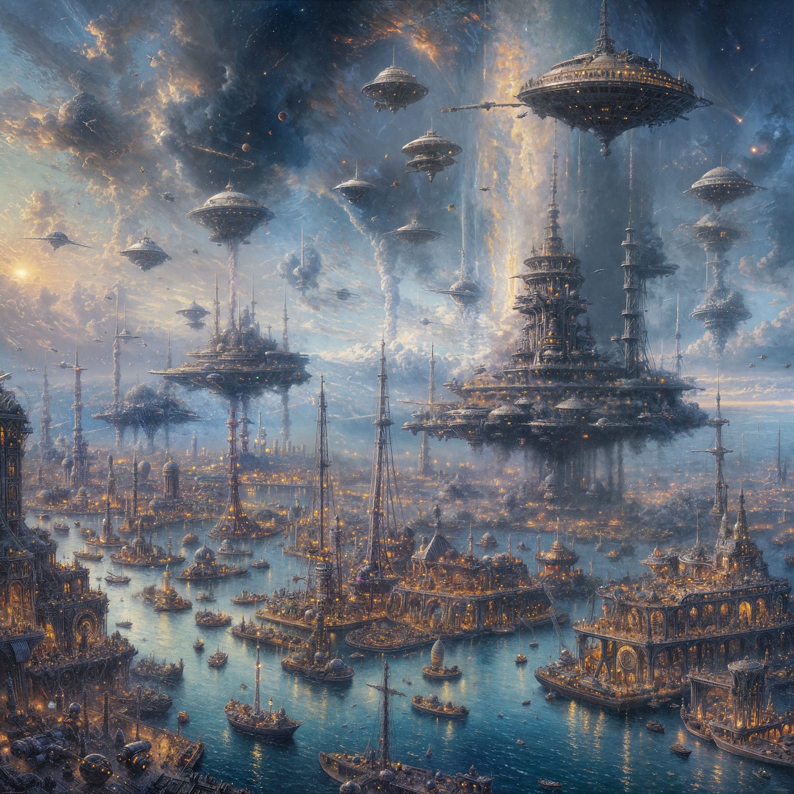 Busy orbital space port, oil painting, Thomas Kinkade <lora:...
