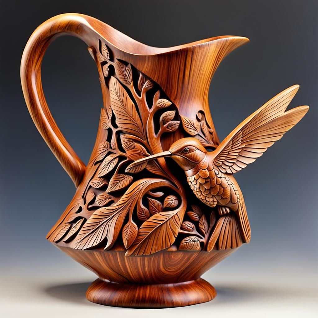 Carved Wood Water Pitcher 