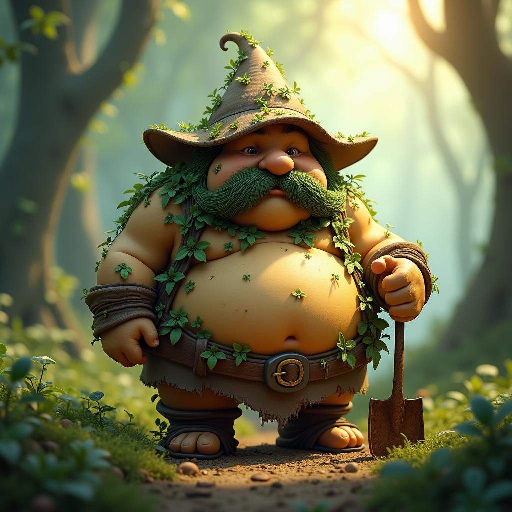 3D model of a small, rotund, dwarf-like character with a potato-textured body. The character should have a large, bushy ...