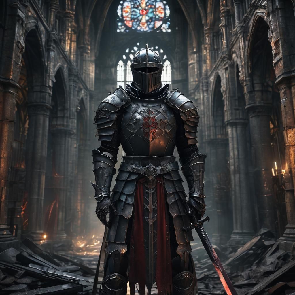 Dark Fantasy Anime Saint Knight in Ruined Cathedral