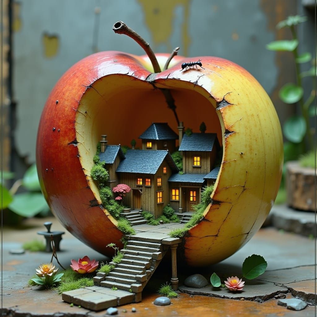 Realistic Miniature Town Inside an Apple