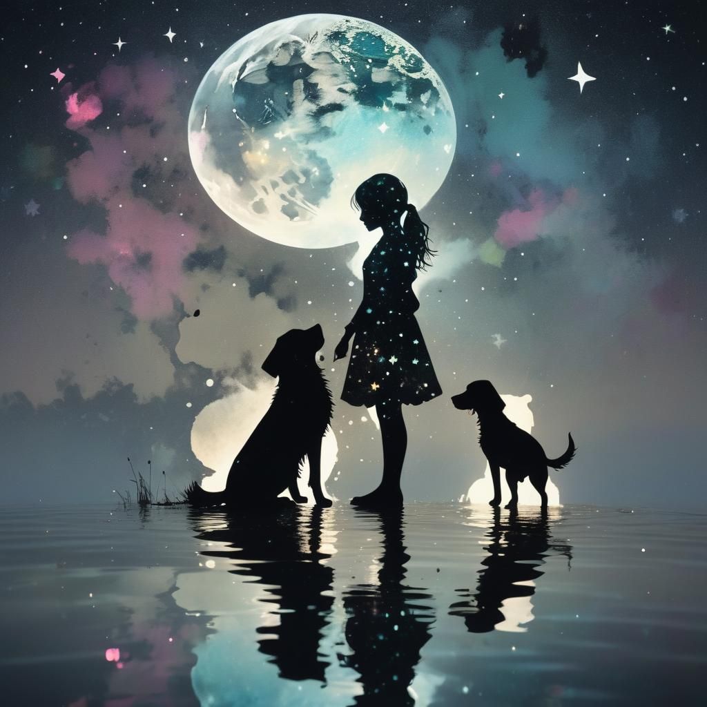 "a double exposure art of a silhouette of a girl playing with a dog at night. around the silhouette is ...  by @Kirsty